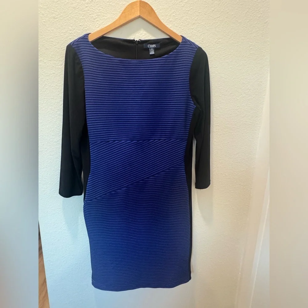 chaps long sleeve dress Chaps Size L Navy Boatneck Long Sleeve Dress with Ruffle